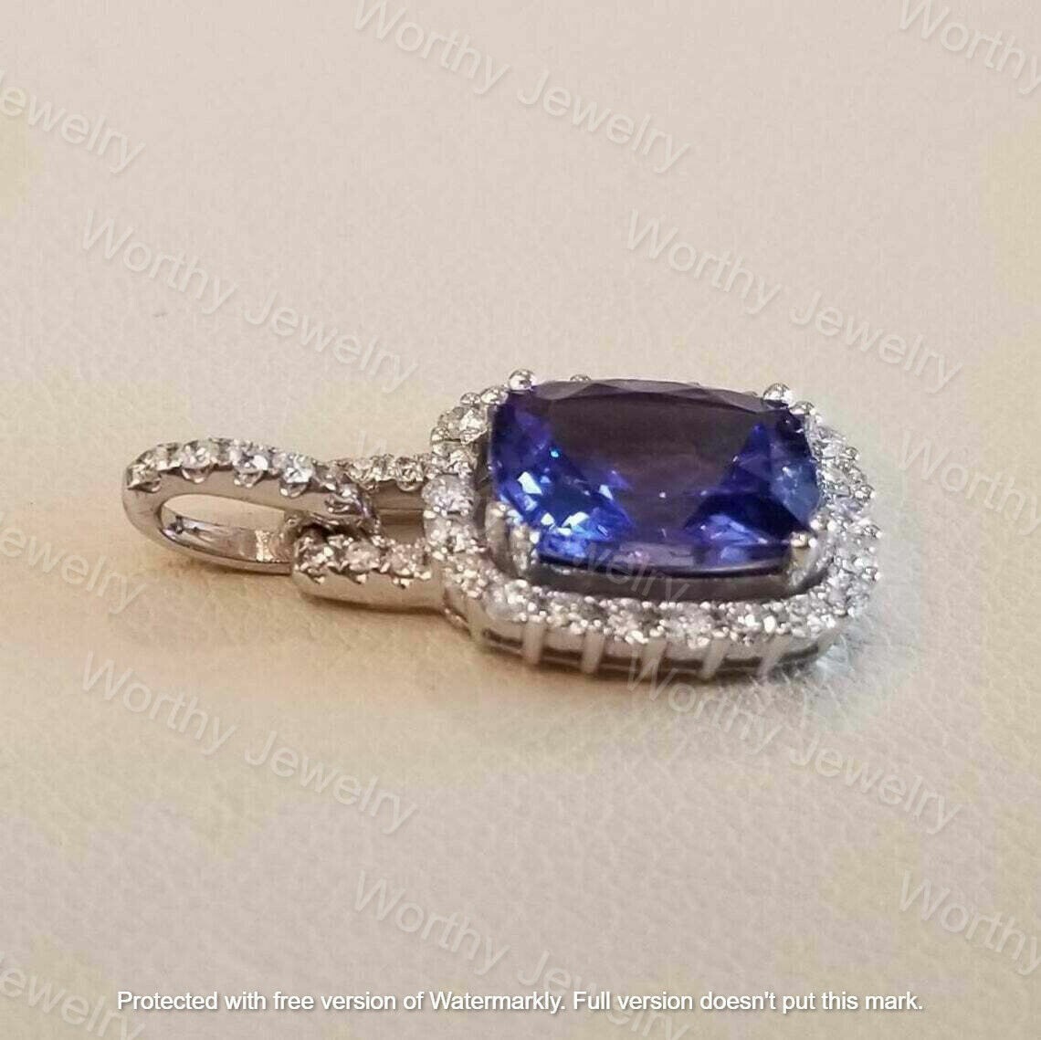 5Ct Cushion Cut Blue Tanzanite Diamond Pendant 14K White Gold Finish Free Chain