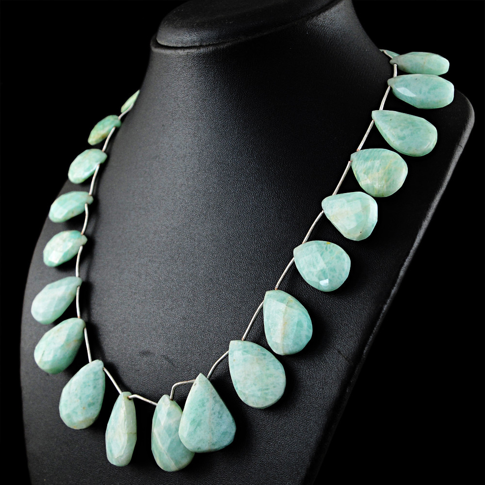 20″ Long Amazonite 572.00 Cts Natural Pear Cut Single Strand Beads Necklace (DG)