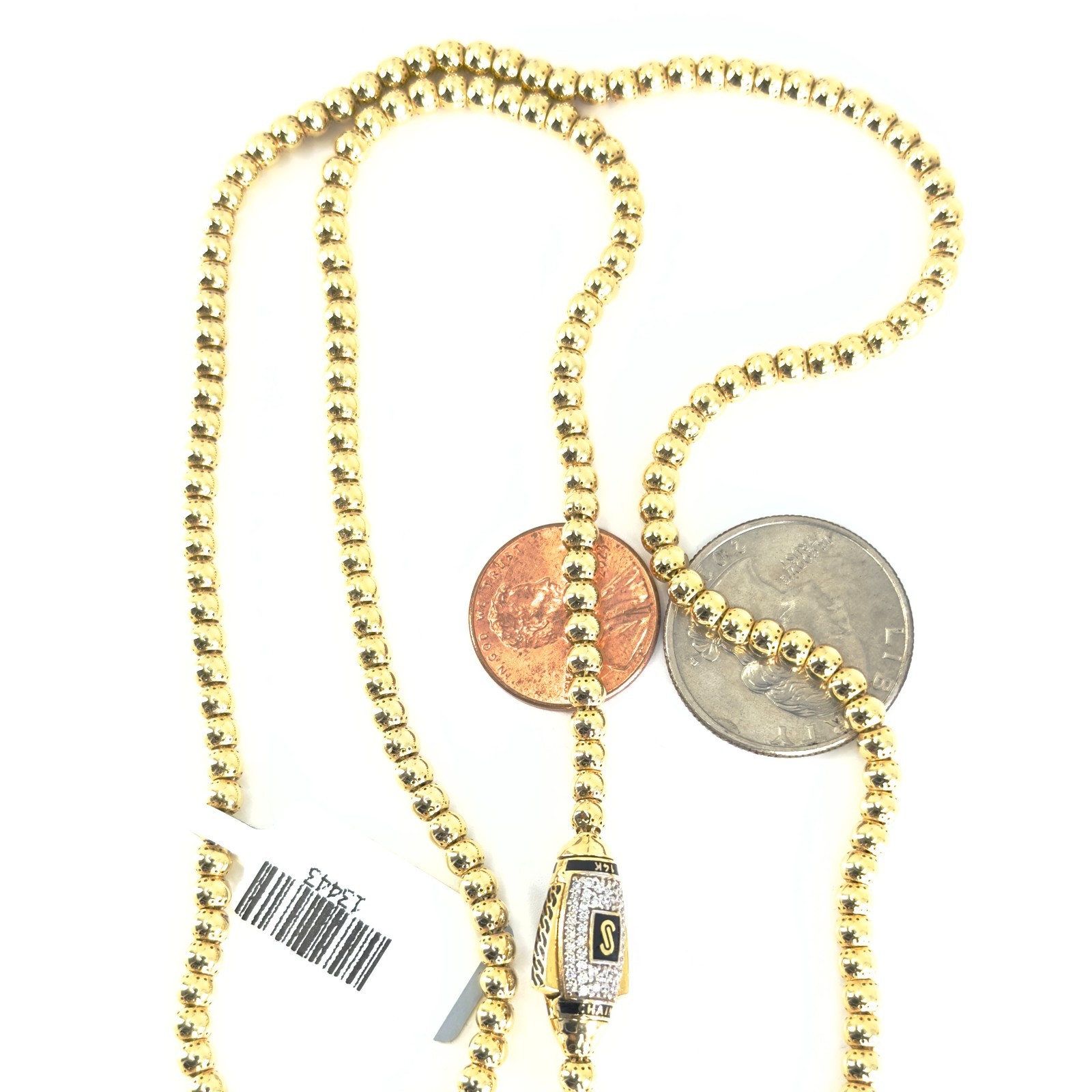 Monaco Chain BUB Pave Lock Necklace 14K Gold 3.8mm 22 inch Swarovski Mens