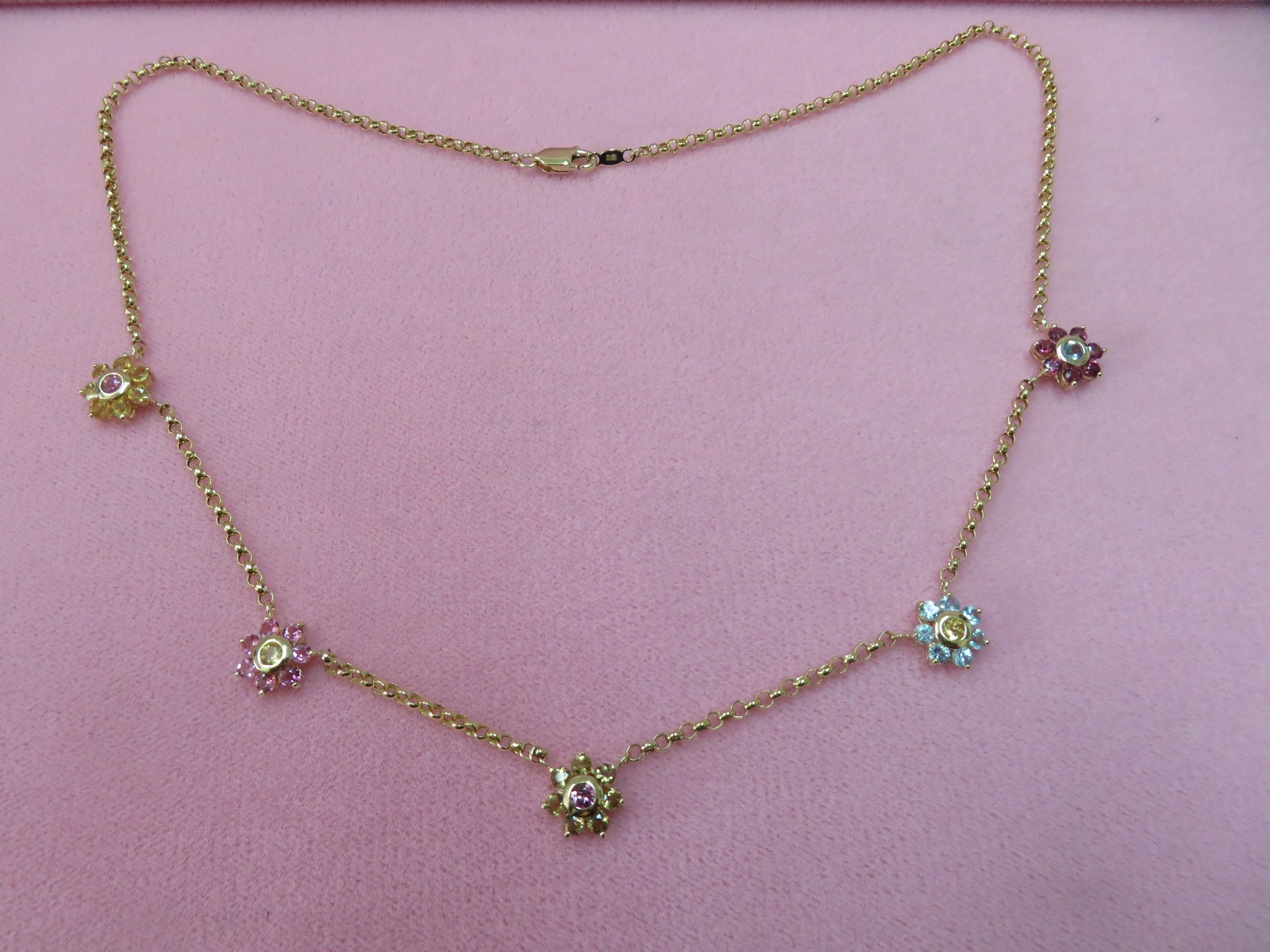 18″ 14k Solid Yellow Gold Rolo chain Multi Color Gemstone Necklace 6.08 G (#402)