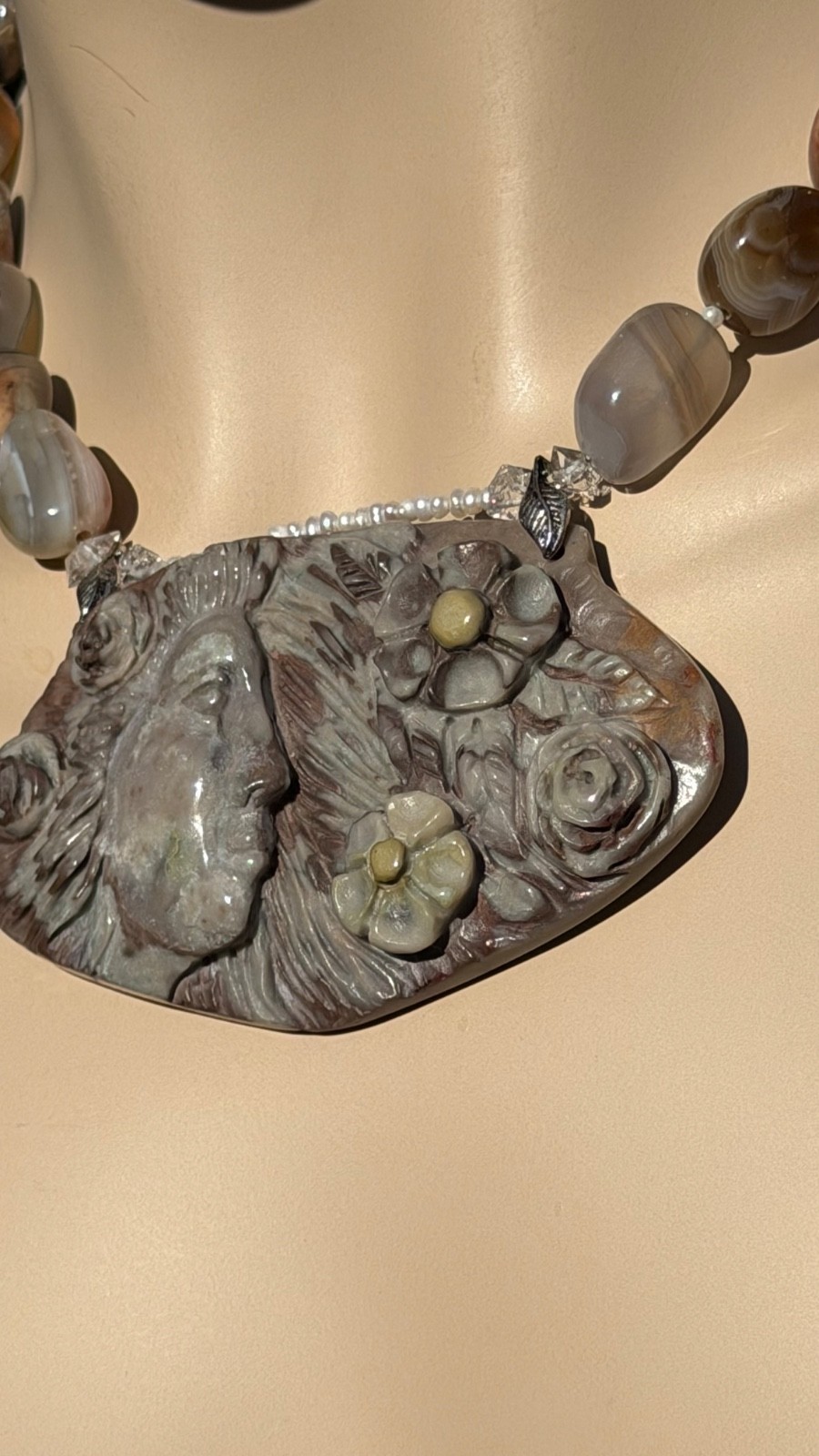 HAND CARVED EARTH MOTHER POLYCHROME JASPER PENDANT NECKLACE AND EARRING SET