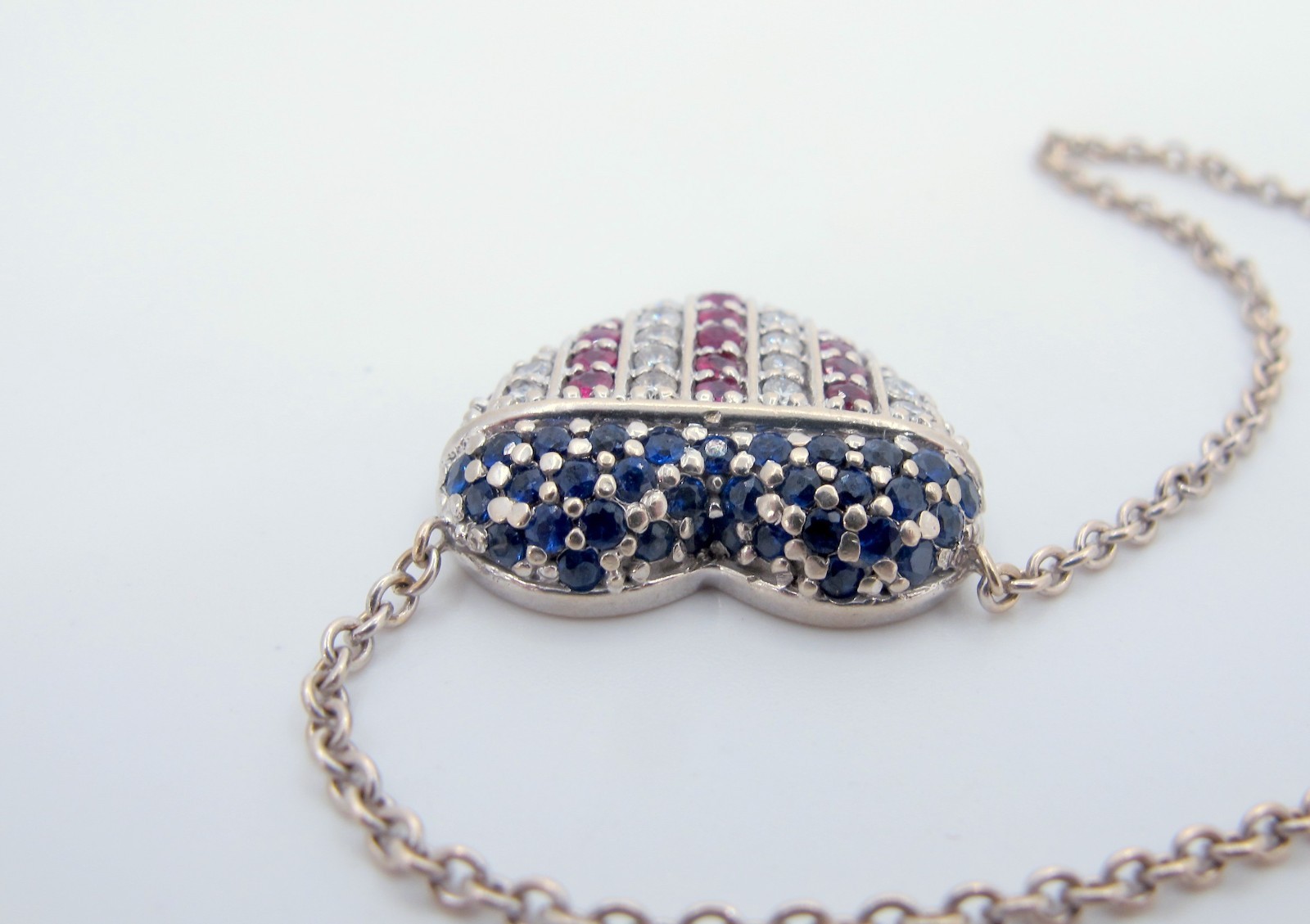 Stunning 14K White Gold Rubies-Diamonds-Sapphires Necklace 17″ Long “TC4033317”