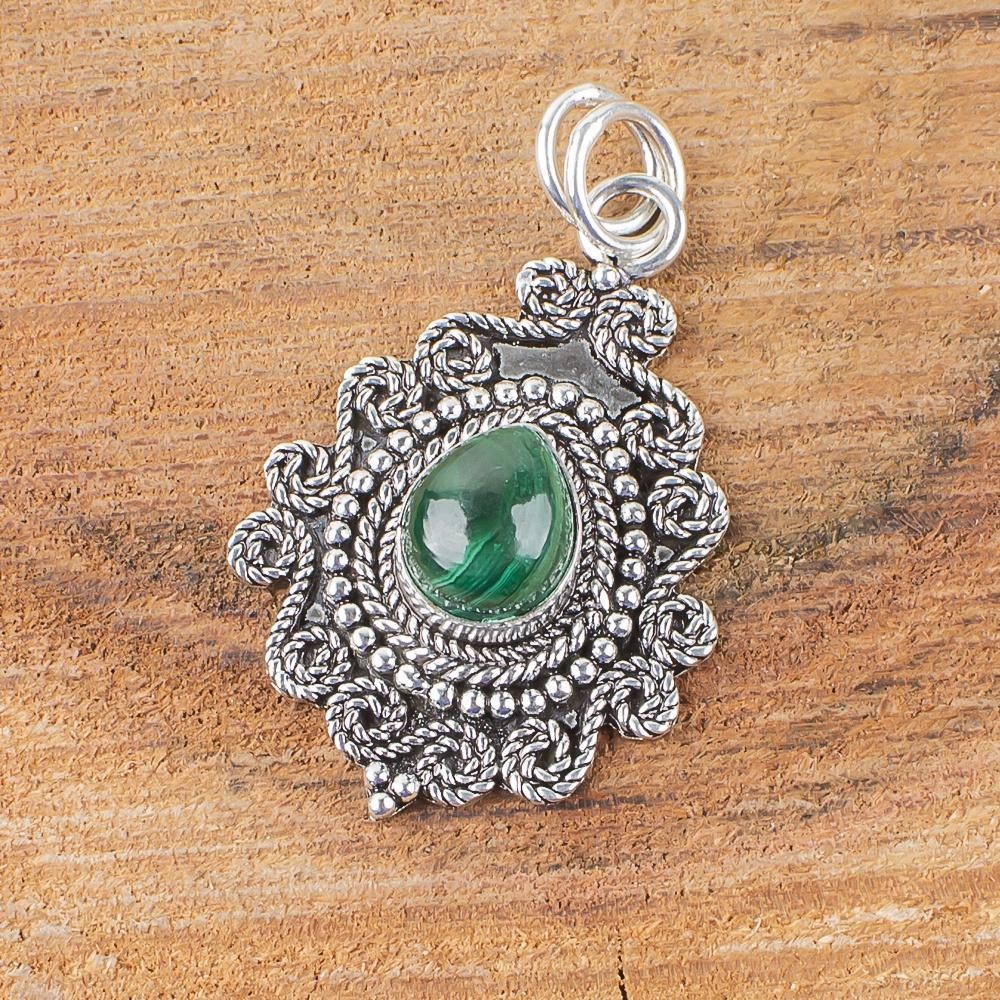 Genuine Malachite Bezel Set Minimalist Wedding Wife Pendant 925 Sterling Silver