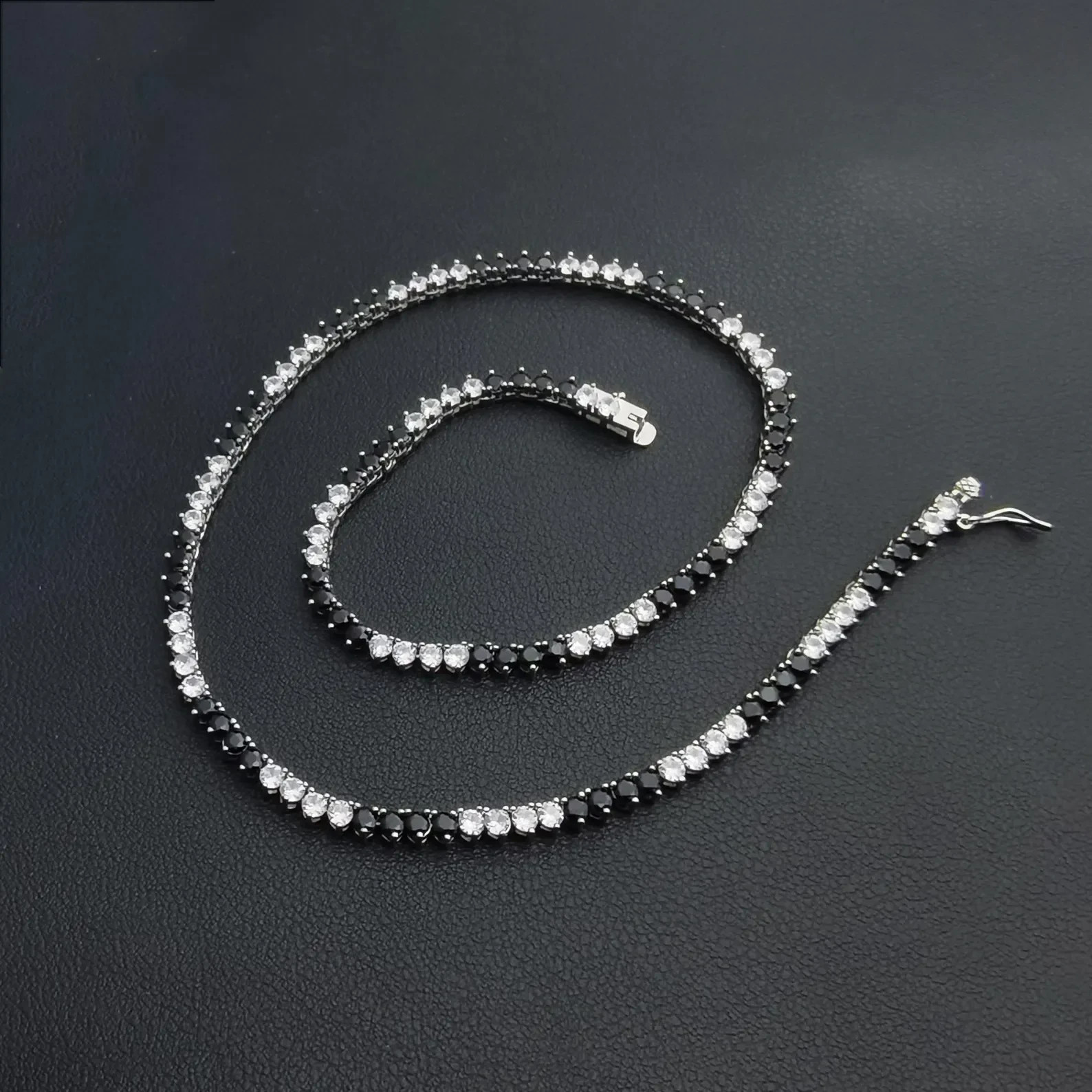 4mm Black & White Diamond Lab Created Tennis Necklace 14K White Gold Plated 18″