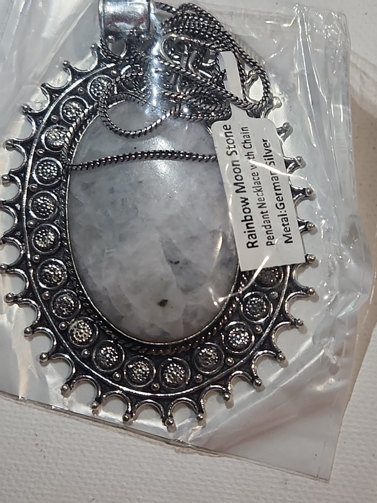 3 Inch German Silver Pendant With A Rainbow Moonstone And Chain (New)