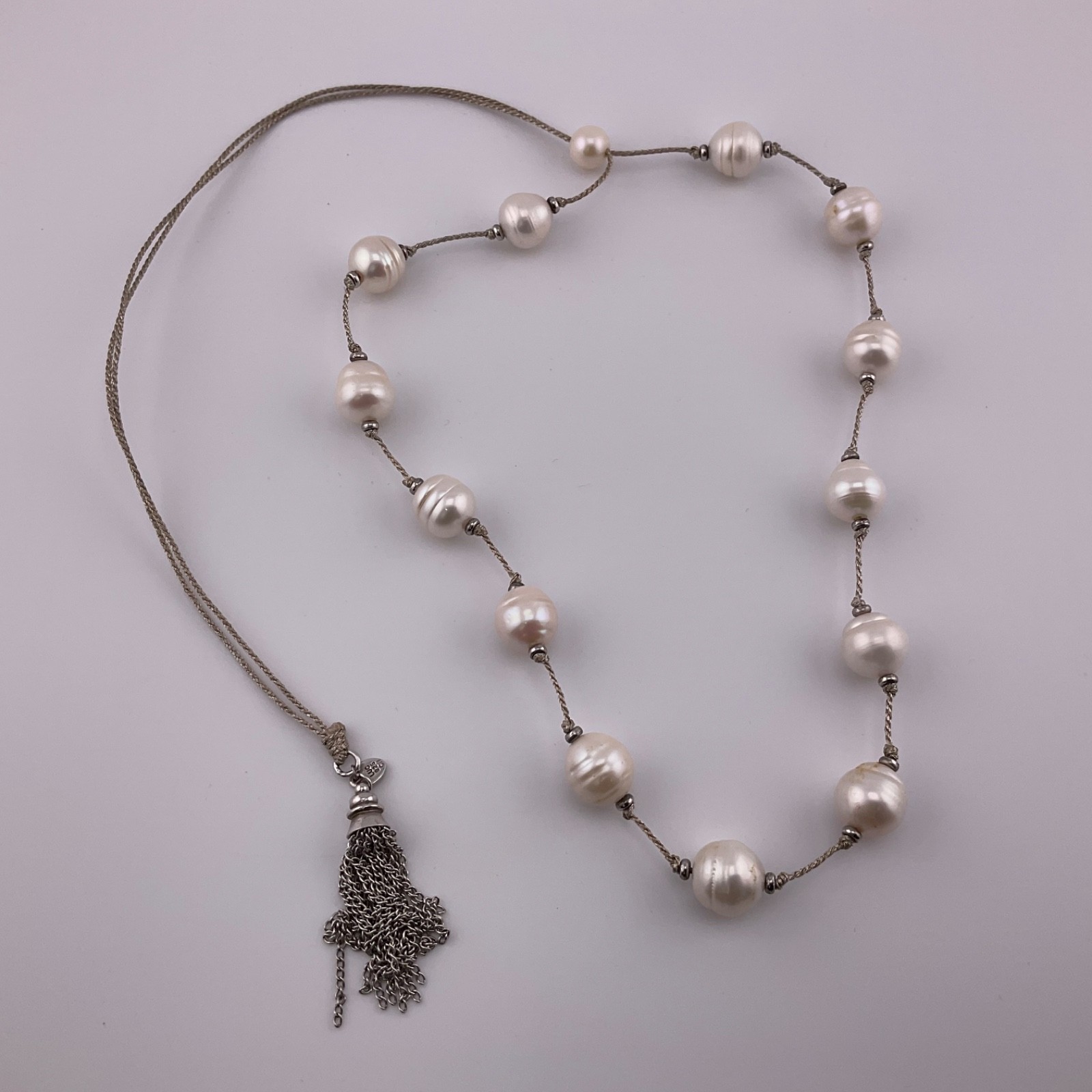 LUC Lucas Lameth Genuine Baroque Pearl Lariat Necklace Sterling Silver Tassel