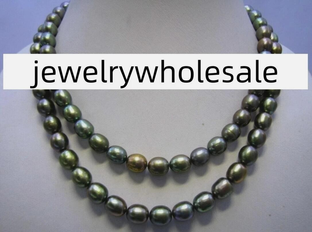 7-9 MM AAA SOUTH SEA Black green PEARL NECKLACE 14K GOLD CLASP 35″