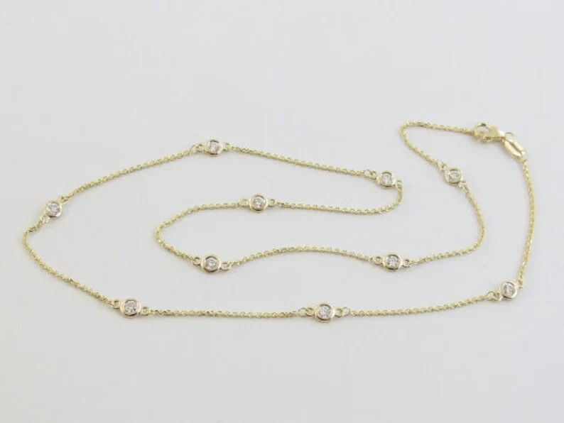 GIA Pass 0.43Ct Natural Diamond By The Yard Station Necklace 14k Yellow Gold 18″