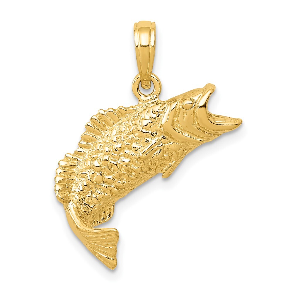 Real 10kt Yellow Gold Gold Polished & Textured Bass Fish Pendant