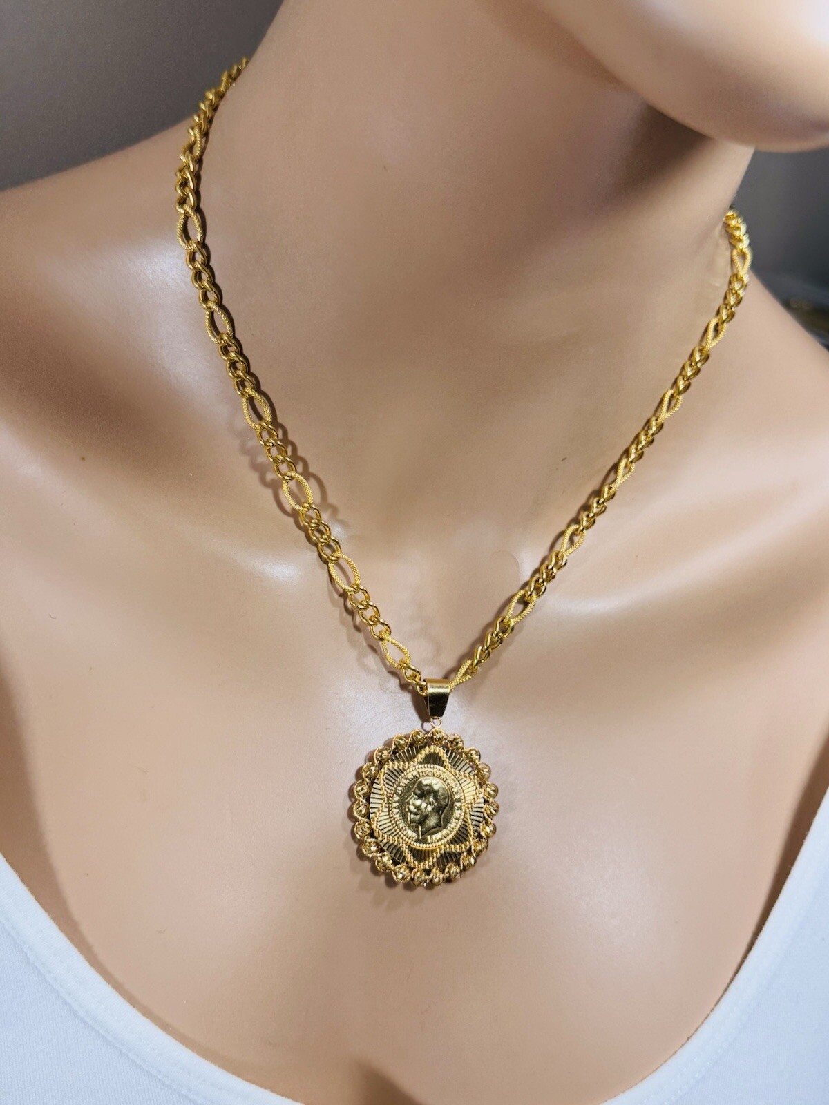 Solid 22K 916 Fine Yellow Dubai Real Gold 18” Long Coin Set Necklace 5.5mm 18.3g