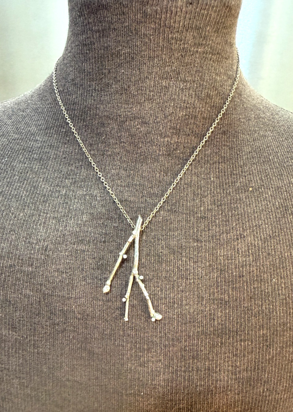 Vintage Sterling Silver 80s Pendant Twigs Branches + Gemstones 55mm + Chain 40cm