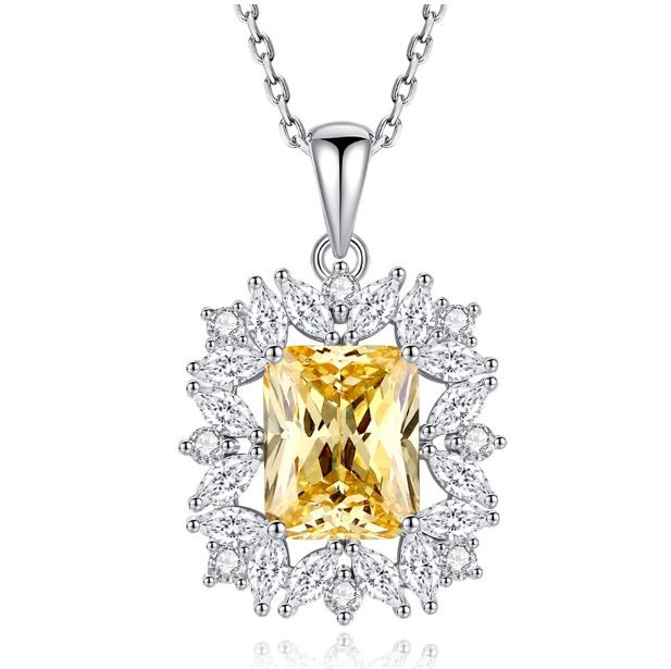 Emerald Cut Yellow Moissanite Pendant 925White Gold Art Deco Bridal Necklace