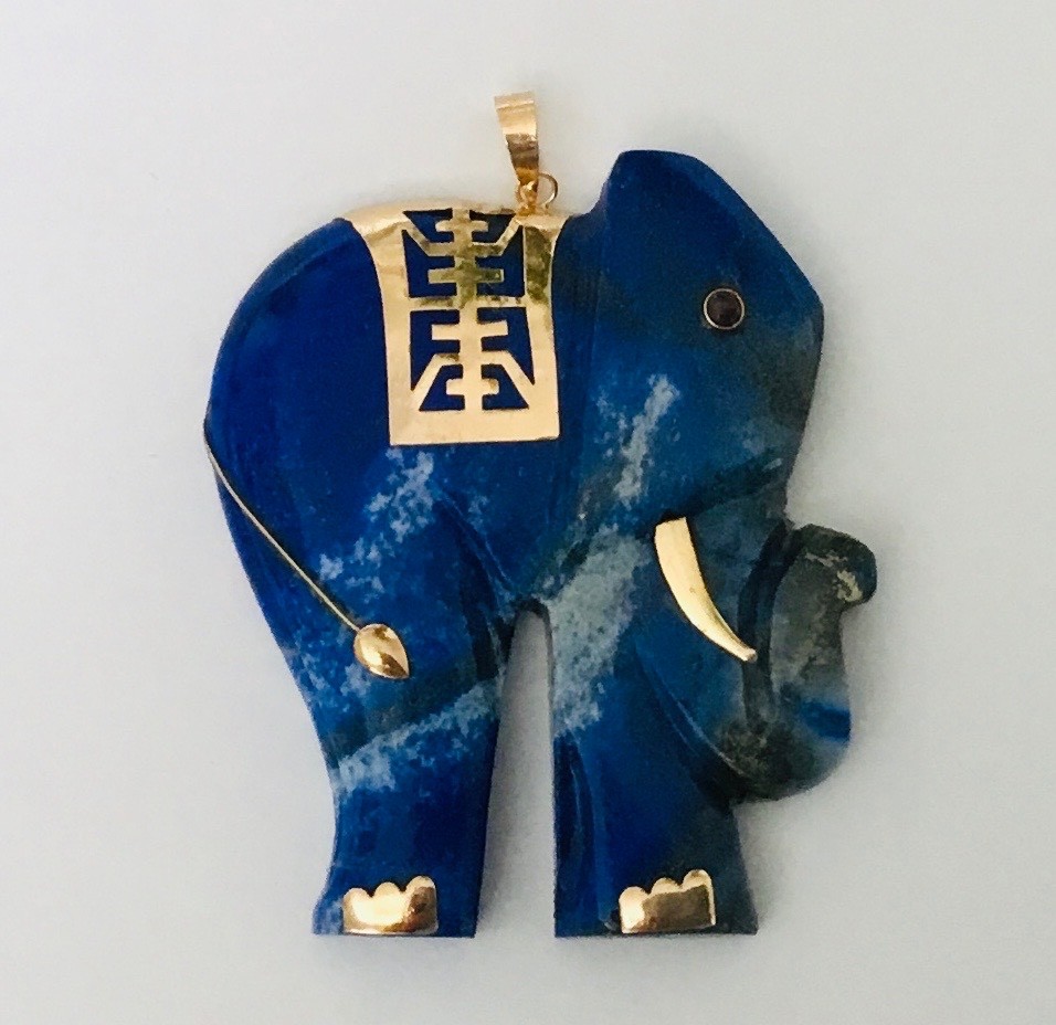 Gorgeous Extra Large Solid 14K Gold Blue Lapis Elephant Pendant NEW .