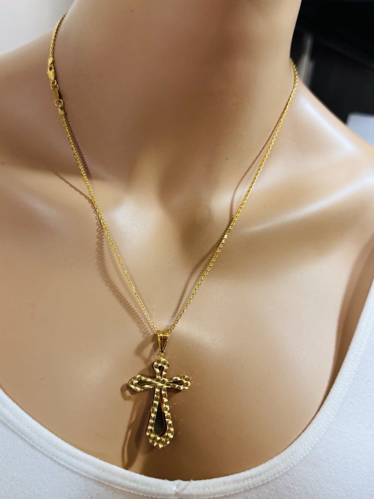 Saudi Dubai 22K Solid 916 Real Gold Cross Set Necklace 20” Long 9.55g 2.2mm