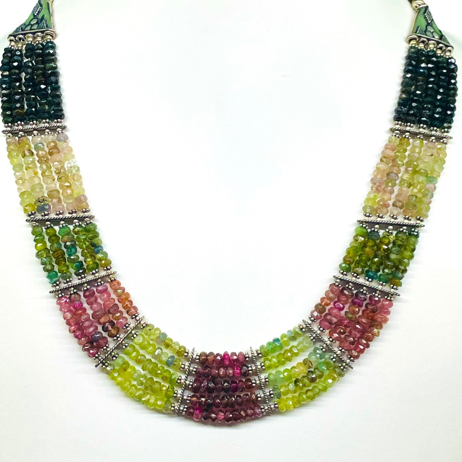 5 Strand Natural Multi Tourmaline Necklace 4-5mm Facetted Beads 925 Silver Clasp