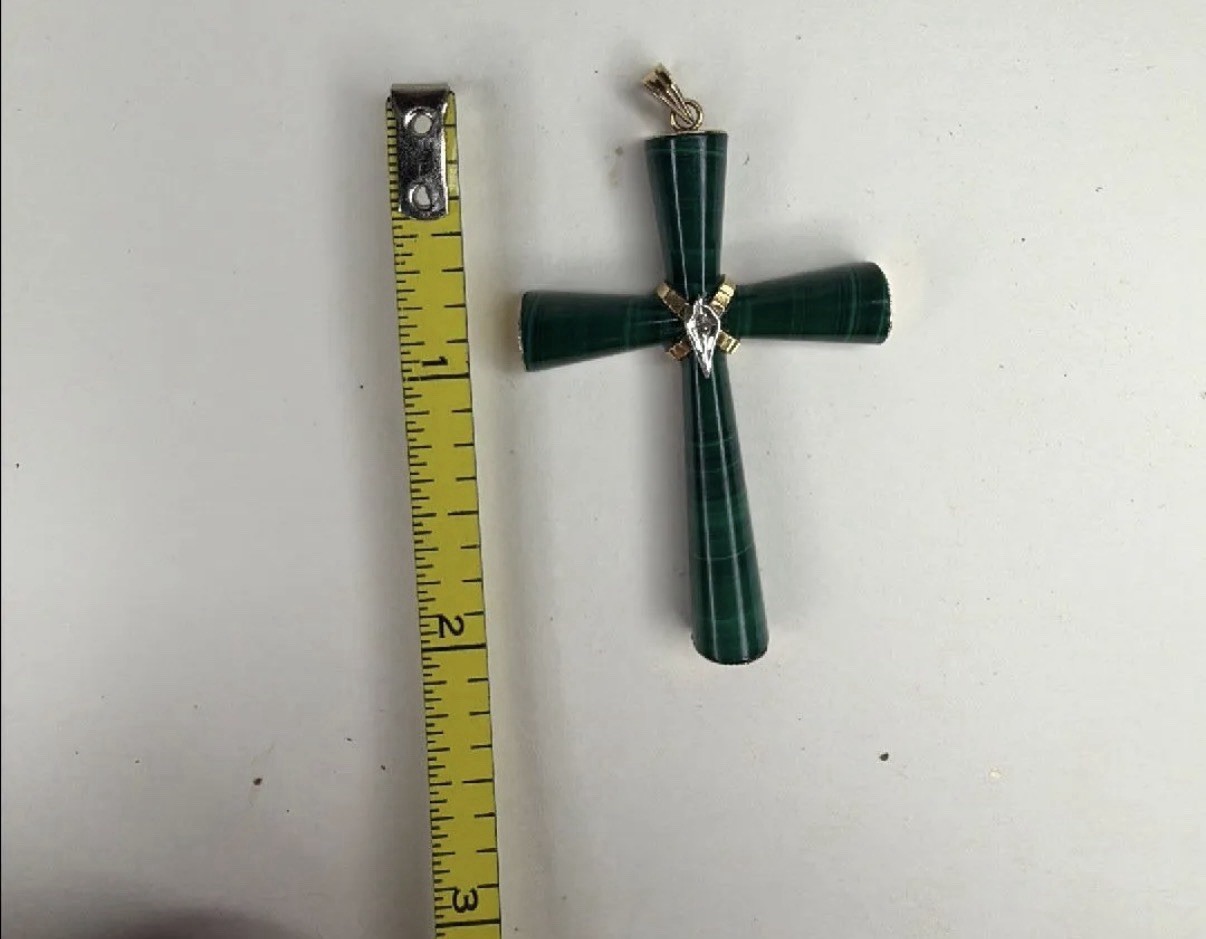 Large Malachite and 14 Kt Yellow Gold Cross Pendant with Diamond detail