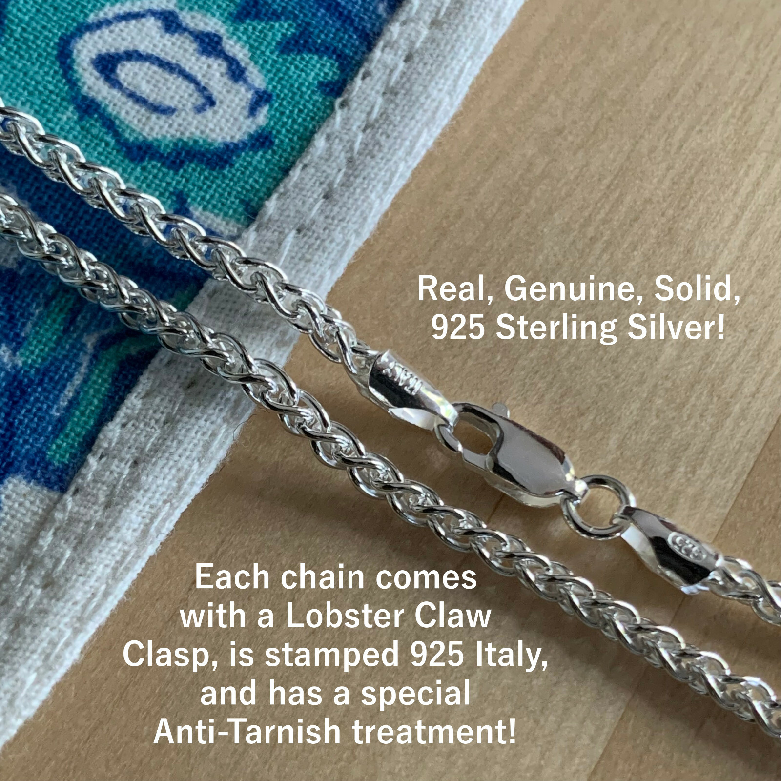 Real Solid 925 Sterling Silver Wheat Spiga Rope Chain Necklace Made in Italy