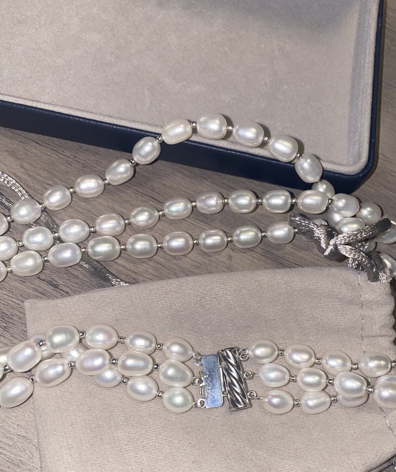 Vintage Imperial Pearl Syndicate 3 Strand Baroque Necklace Earring Set 14k 925.