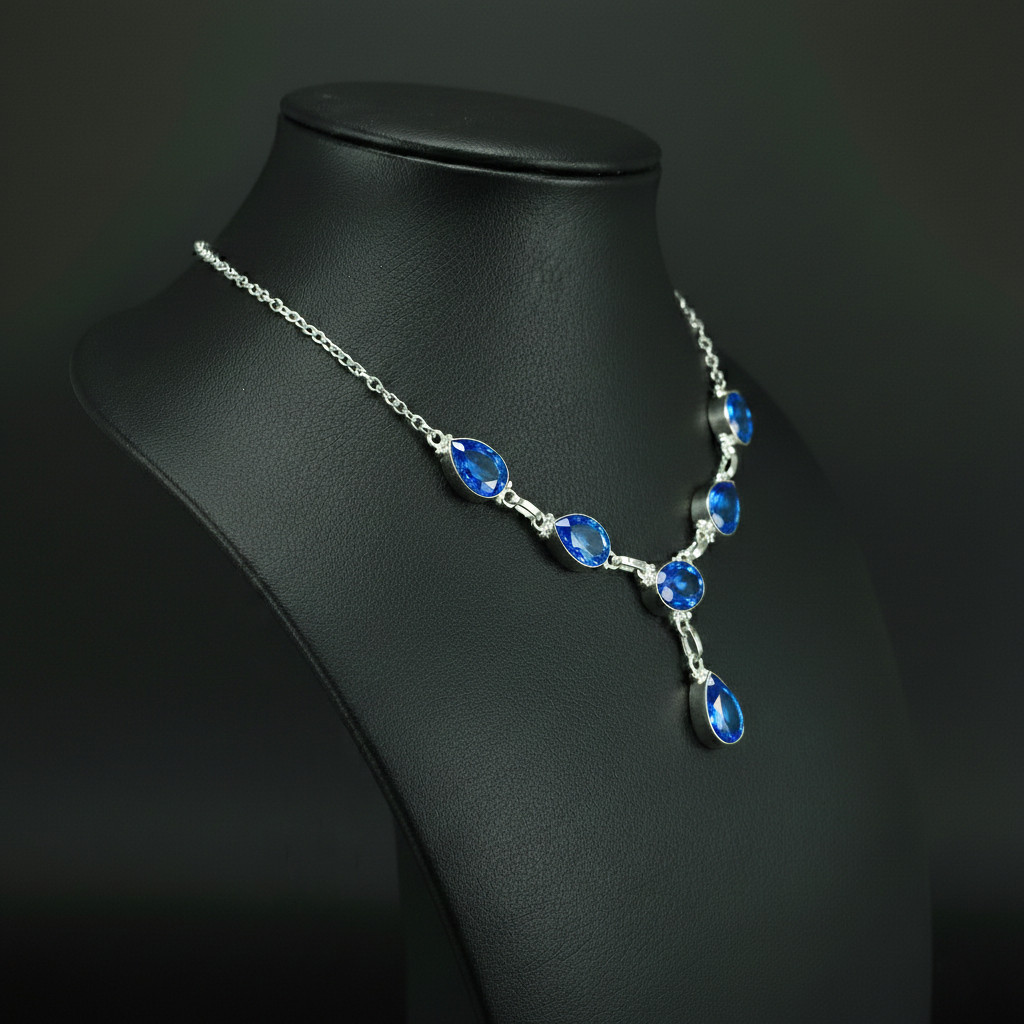 Deep Blue Topaz Gemstone 925 Sterling Silver handmade Gift Necklace 18″