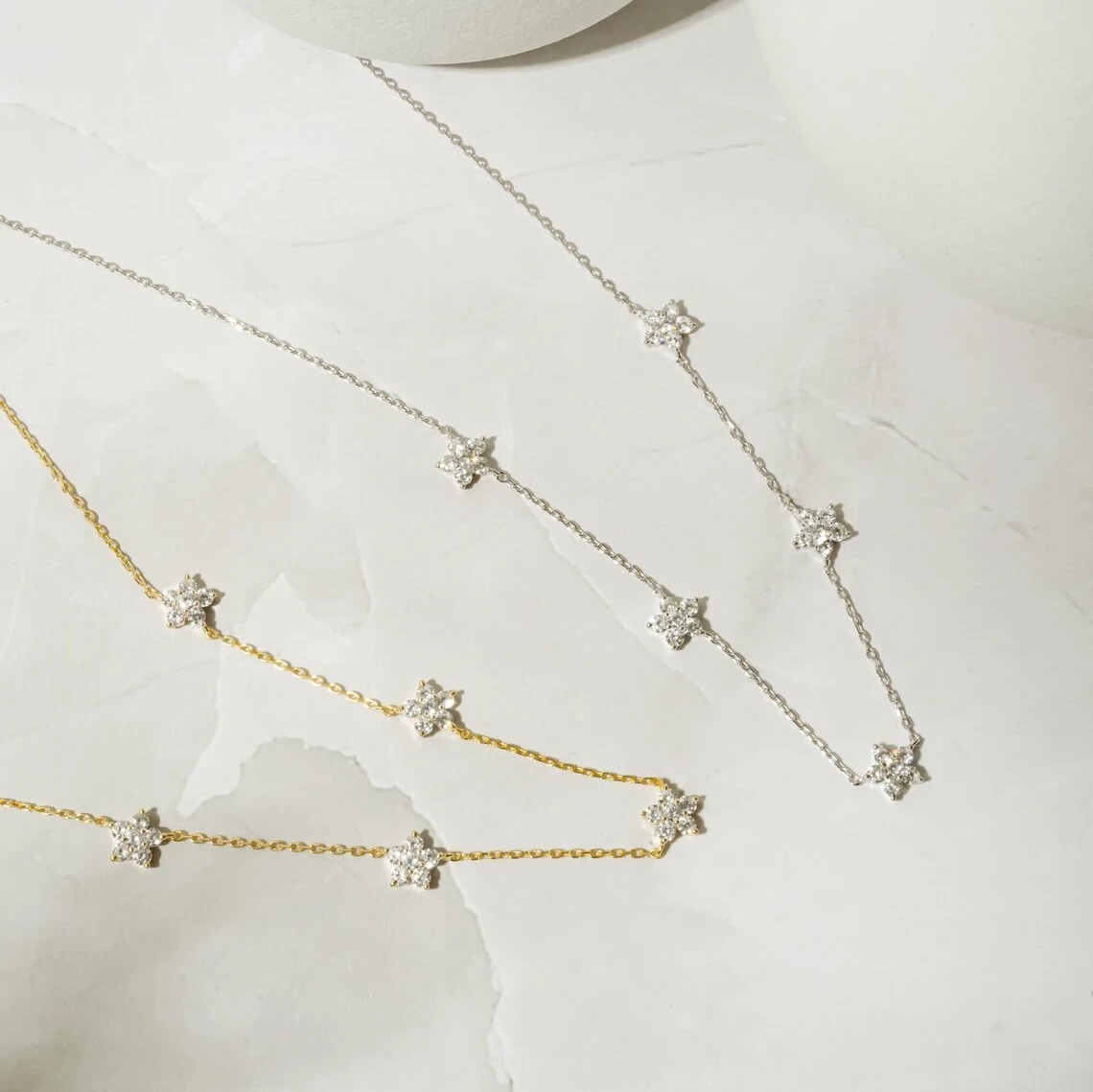 1.70Ct Round Natural Diamond Flower Station Necklace 14k Yellow Gold With Chain