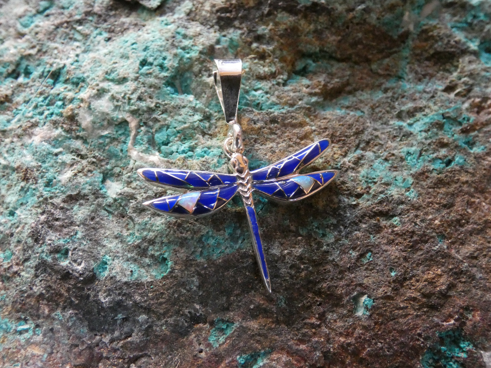 Lapis & Opal Dragonfly Handcrafted Sterling Silver 925 Petite Pendant S61 NEW