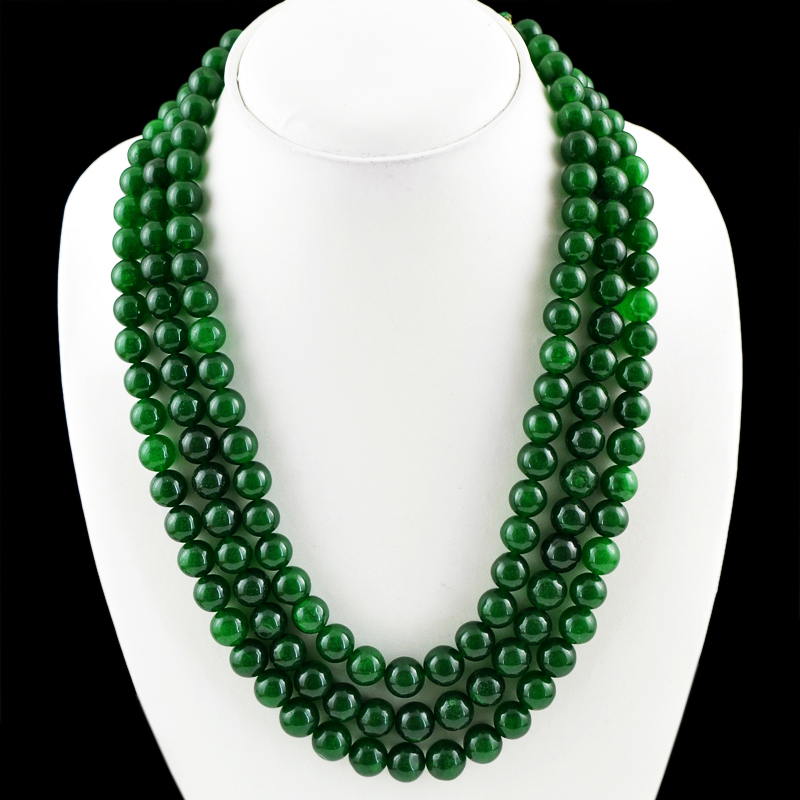 888.00 CTS EARTH MINED 3 STRAND ROUND ENHANCED GREEN EMERALD BEADS NECKLACE (RS)