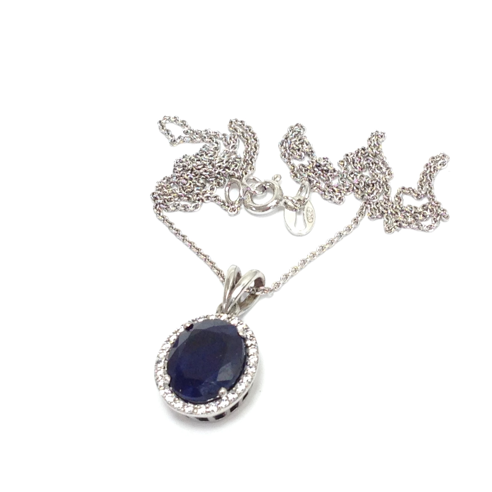 Unsigned 925 Sterling Silver Dark Blue Stone Pendant Necklace 16″ & 17″ Jewelry