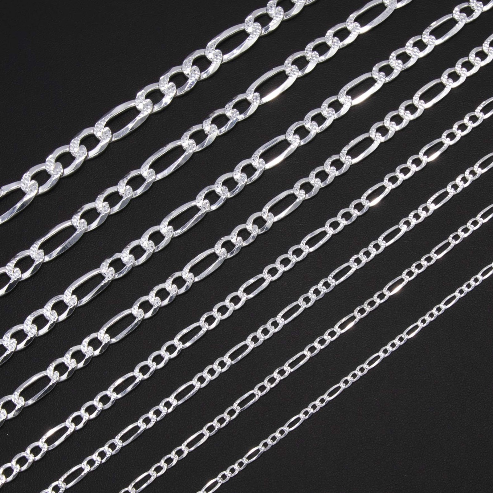 Diamond-Cut Reversible Figaro Chain Solid Sterling Silver 925 Italy All Sizes