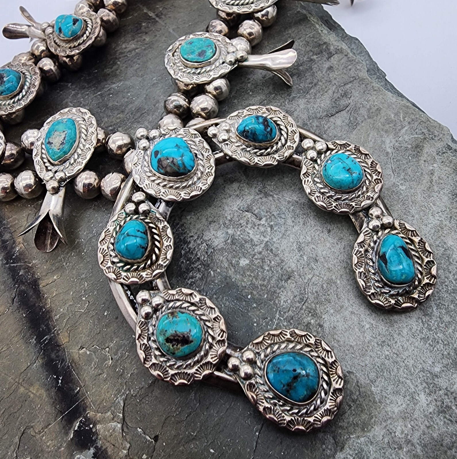 Sterling Silver 925 Navajo Calvin Desson Sleeping Beauty Squash Blossom Ag 24249