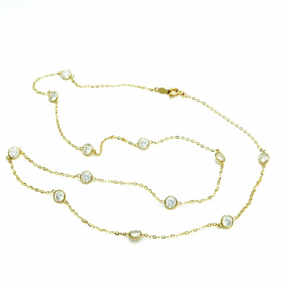 Certified Natural Diamond By The Yard Bezel Station Necklace 14k Yellow Gold