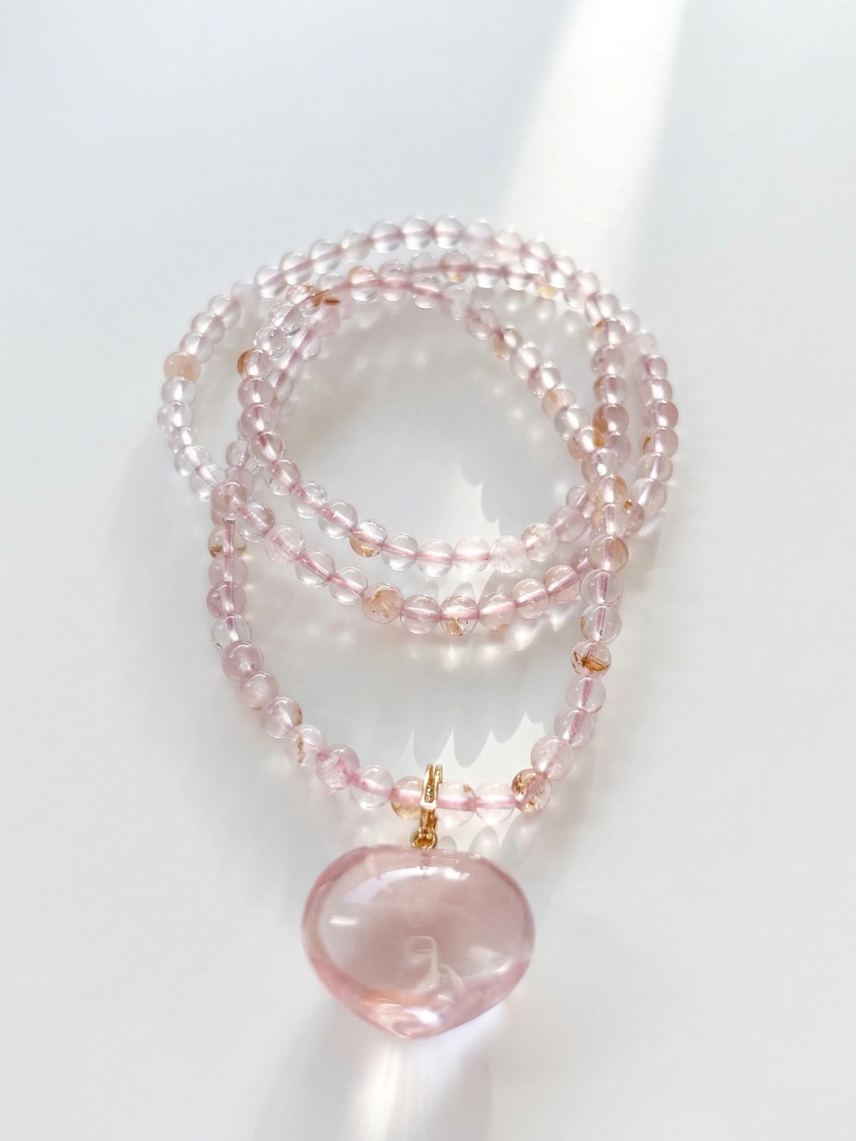 Flawless Eye-Clean Rose Quartz Heart Necklace, 925 Silver, Pink Phantom Beads