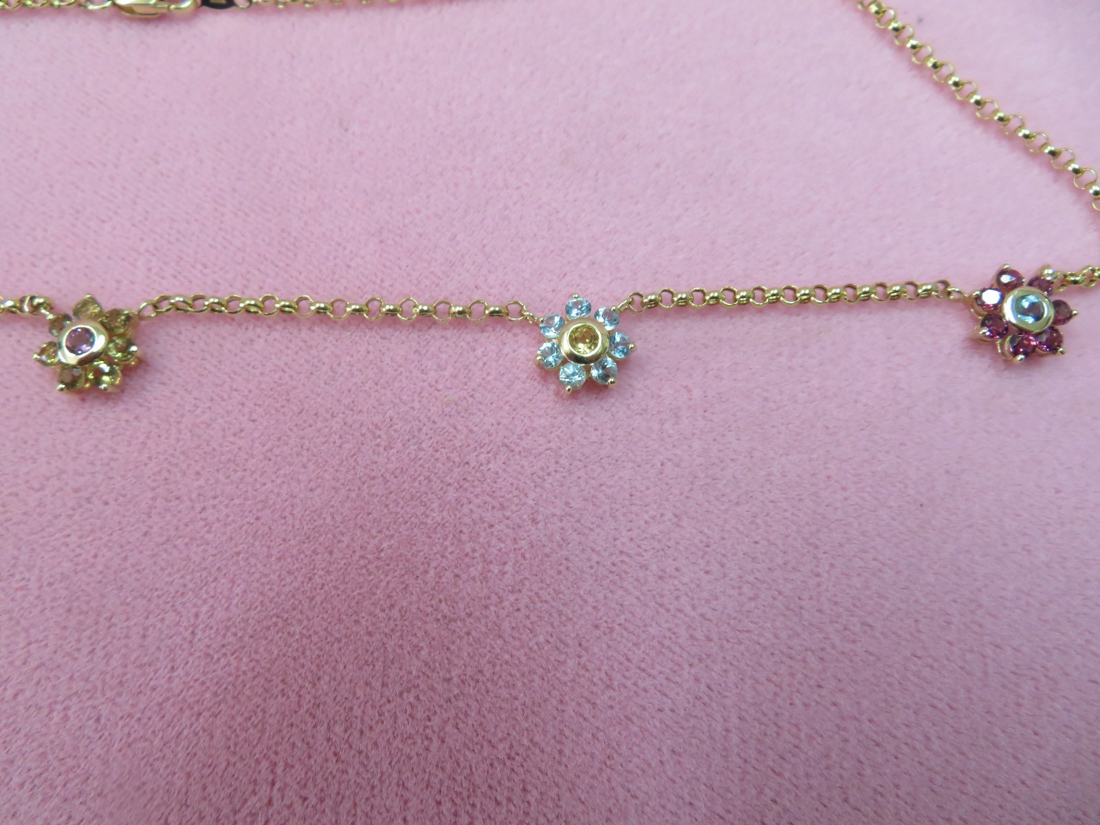18″ 14k Solid Yellow Gold Rolo chain Multi Color Gemstone Necklace 6.08 G (#402)
