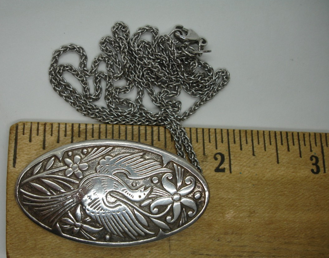 Sterling signed 20″ AVERY chain floral Quetzal BIRD PENDANT hand made medallion