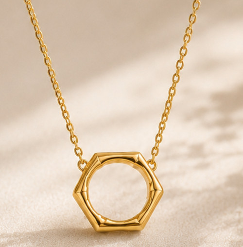 Solid 10K Yellow Gold Hexagon Shaped Simple Chain Necklace For Girls Daily Wear