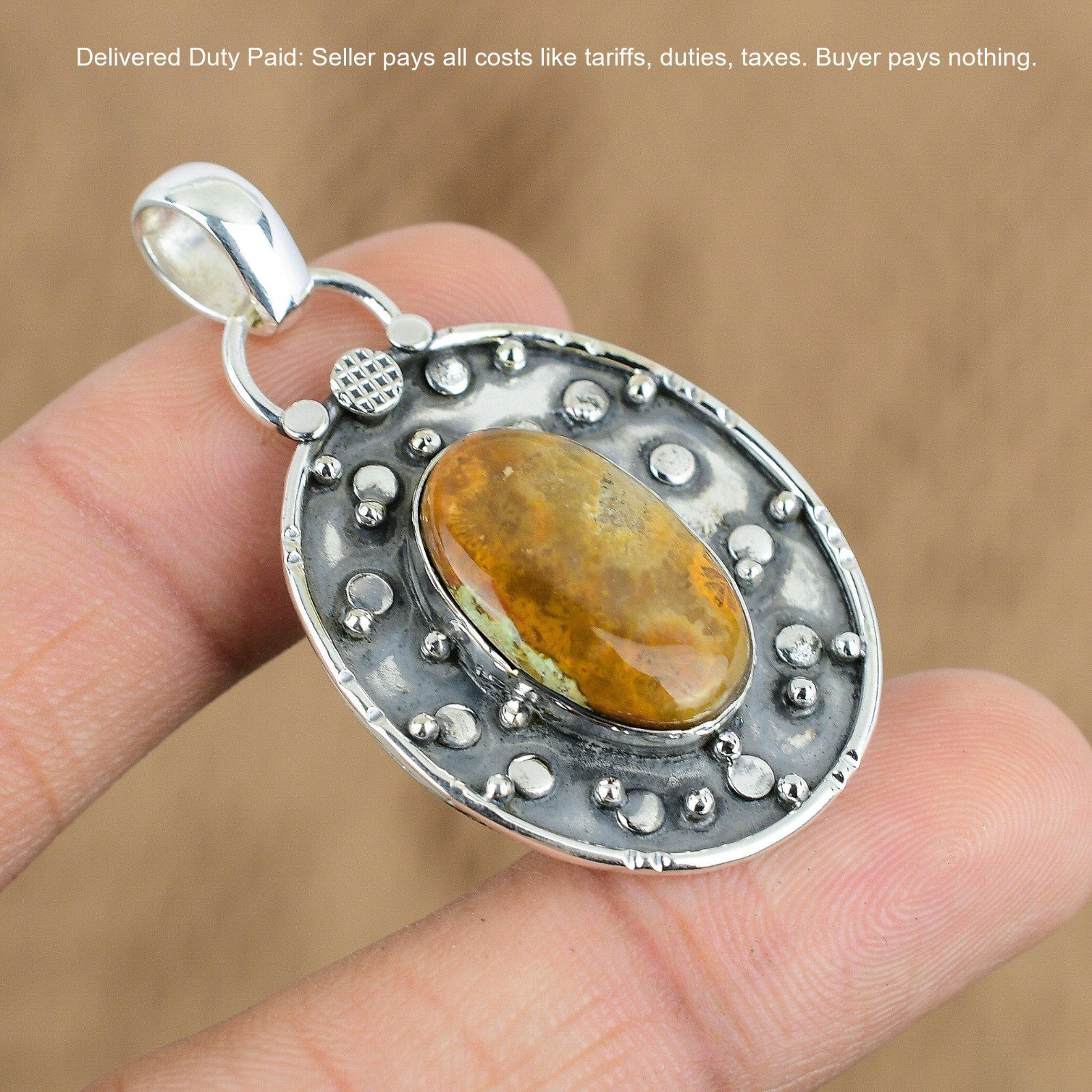 Oval Fossil Coral Stone Daughter Wedding Anniversary Pendant 925 Sterling Silver
