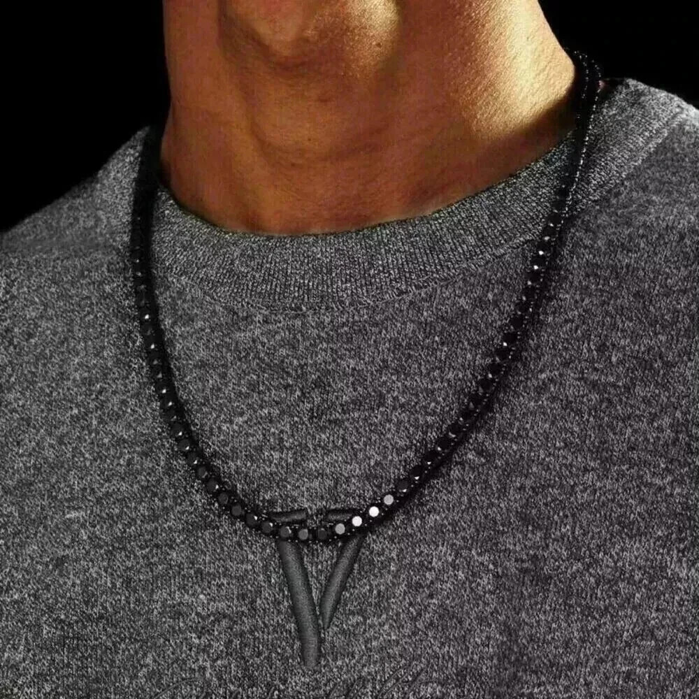 3mm Round Cut Created Black Diamond Men’s Tennis Necklace in 925 Silver