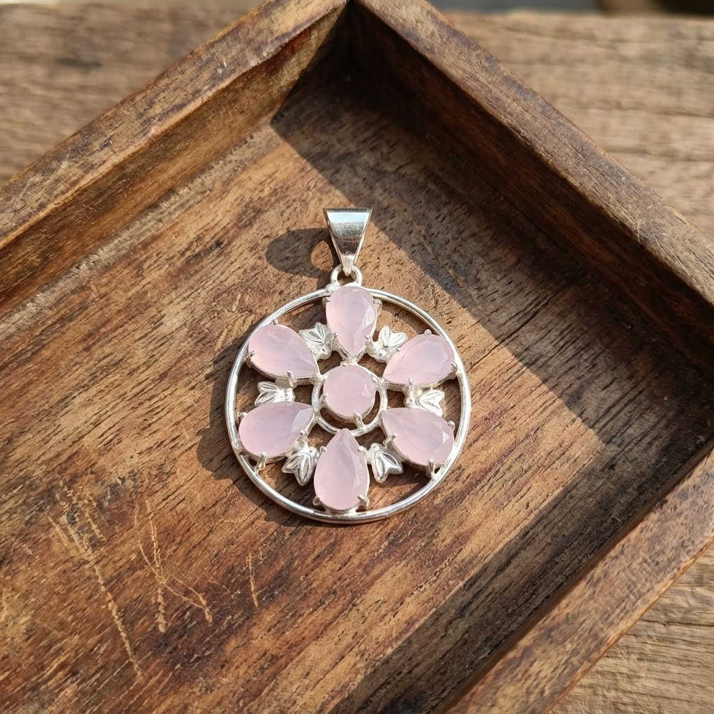 50-55Ct Rose Quartz Pendant Sterling Silver | Pink Crystal Floral Necklace