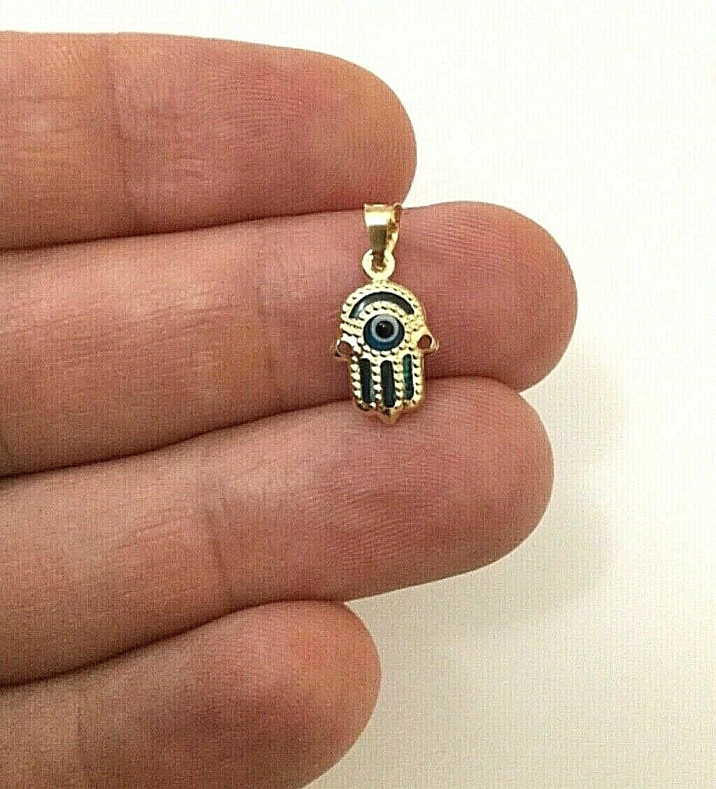 14K SOLID GOLD HAMSA BLUE EVIL EYE PENDANT/14K ORO PURO DIJE DE MANO Y OJO-17mm