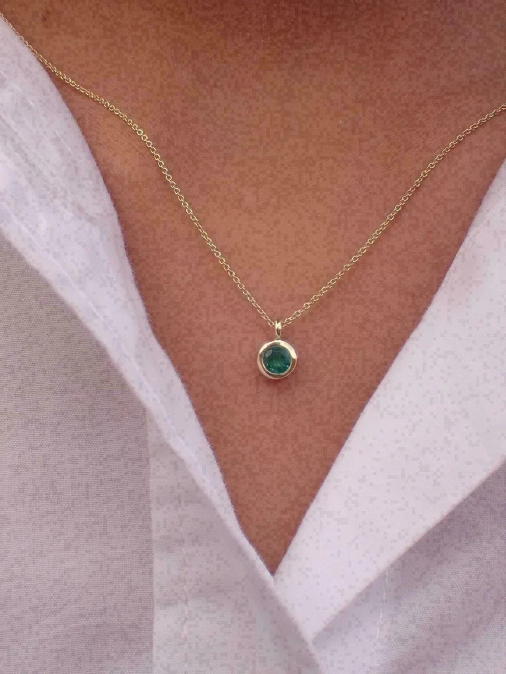 Round Cut Lab-Created Solitaire Emerald Pendant Necklace 14k Yellow Gold Plated