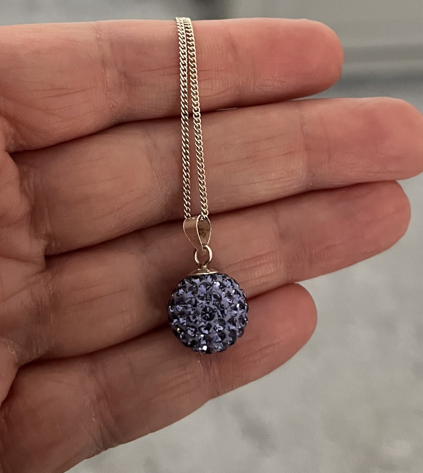 Sterling Silver Purple Crystal Set Ball Pendant On Chain, Very Good Condition