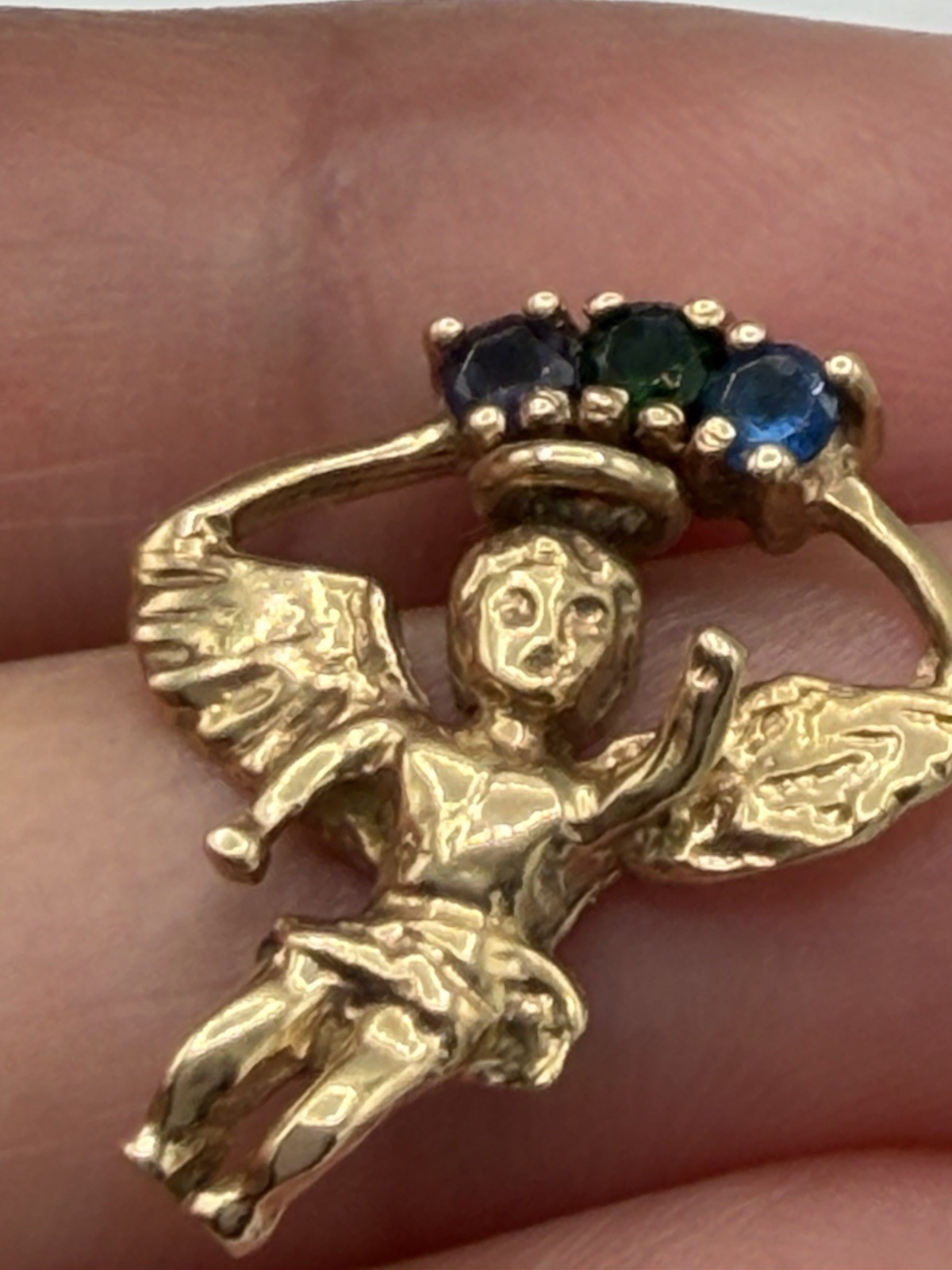 10k Yellow Gold Little Angel Charm Pendant Purple Green Blue Stones 1.8 grams