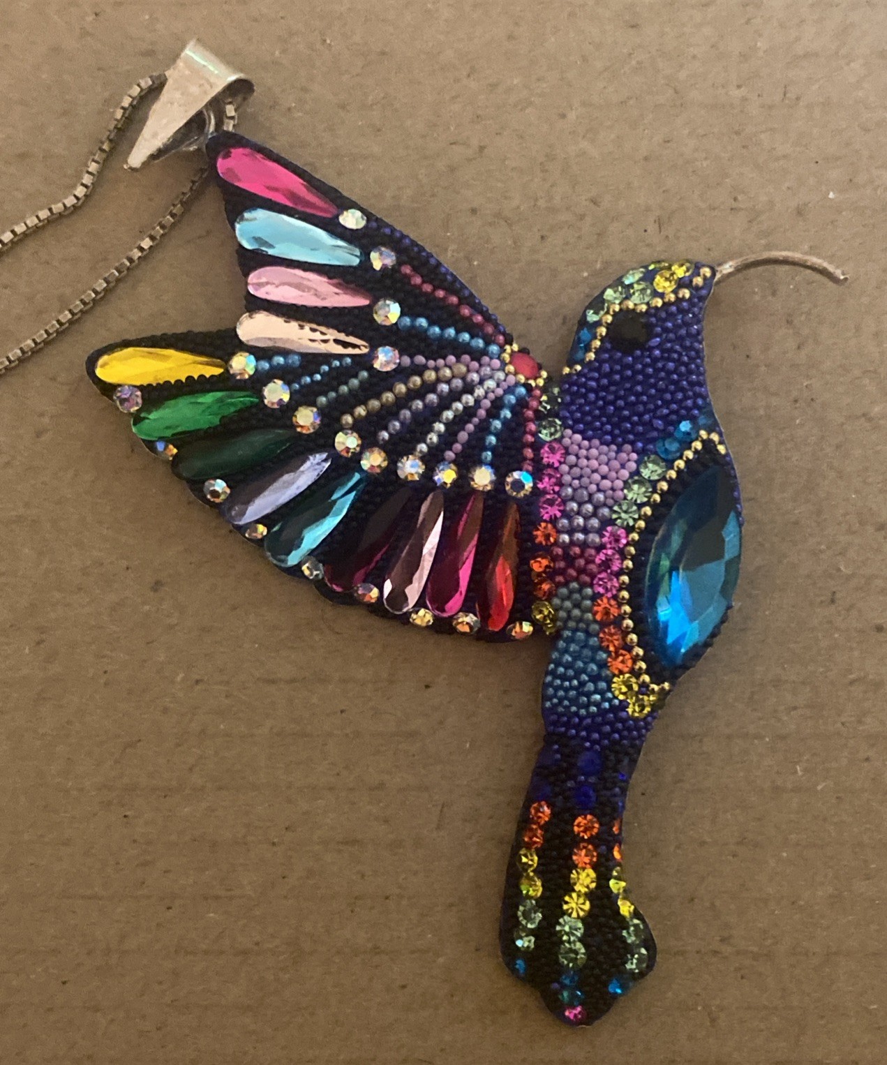 Mexico Sterling Silver Beaded Multi Colored Hummingbird Pendant