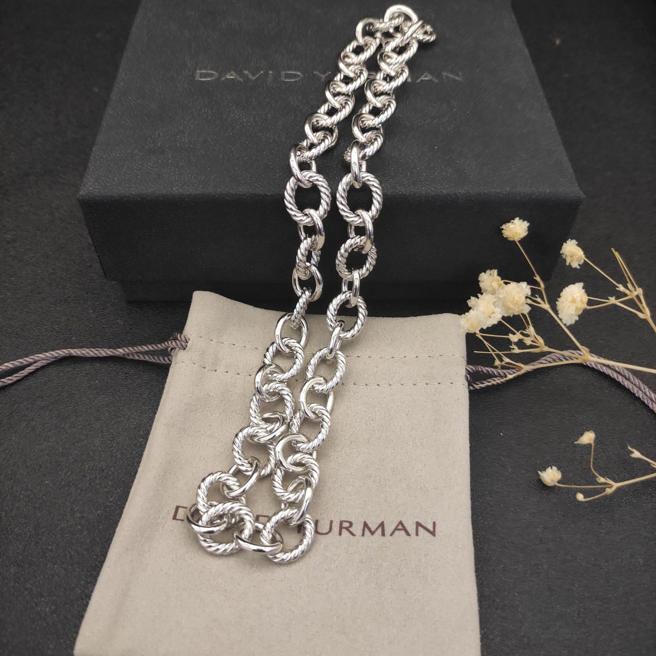 David Yurman Cable Link Oval Necklace 925 Silver Twisted Cable Wire 19.6IN