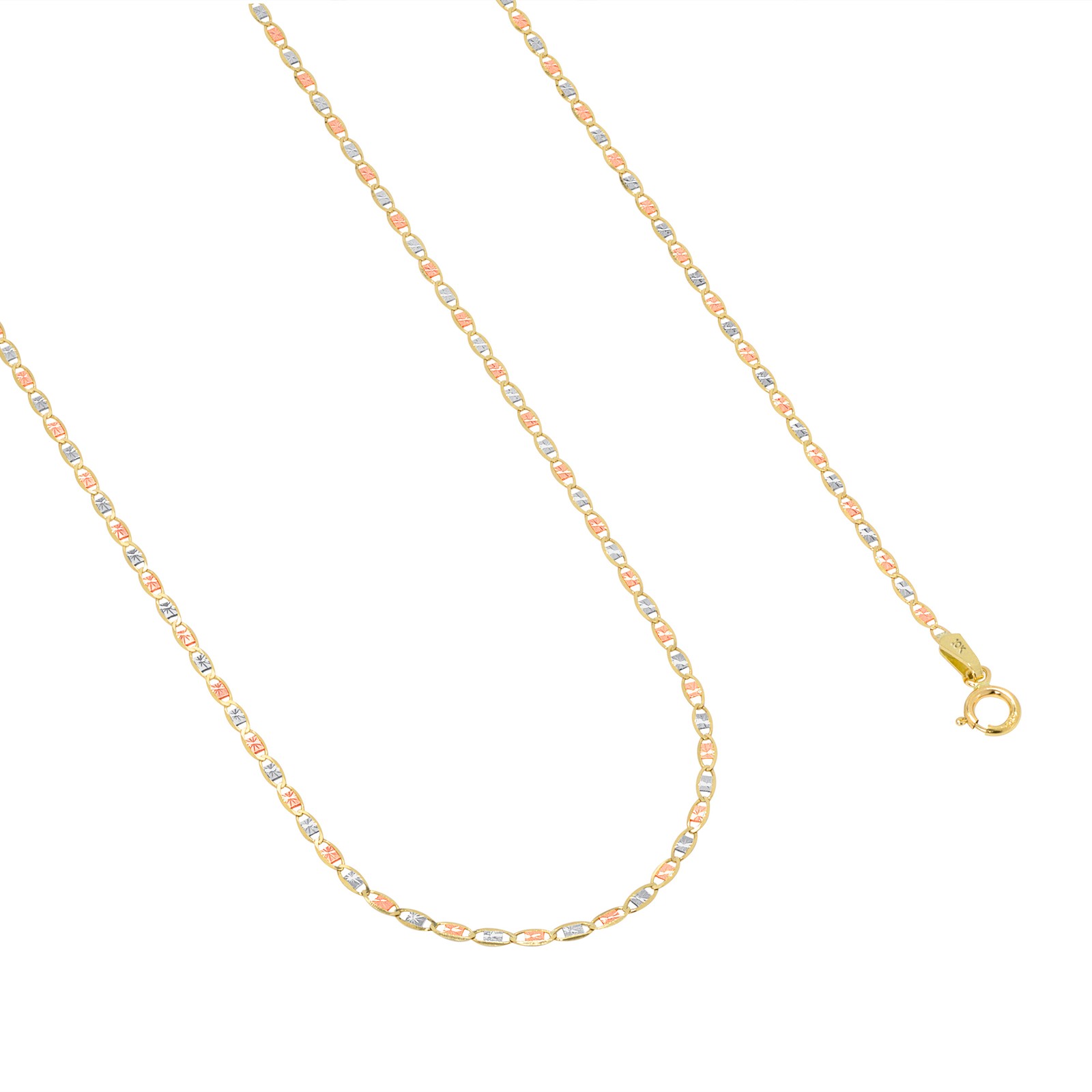 10K Solid Tri Yellow Rose White Gold Thin 1.5mm Valentino Chain Necklace 16″-24″