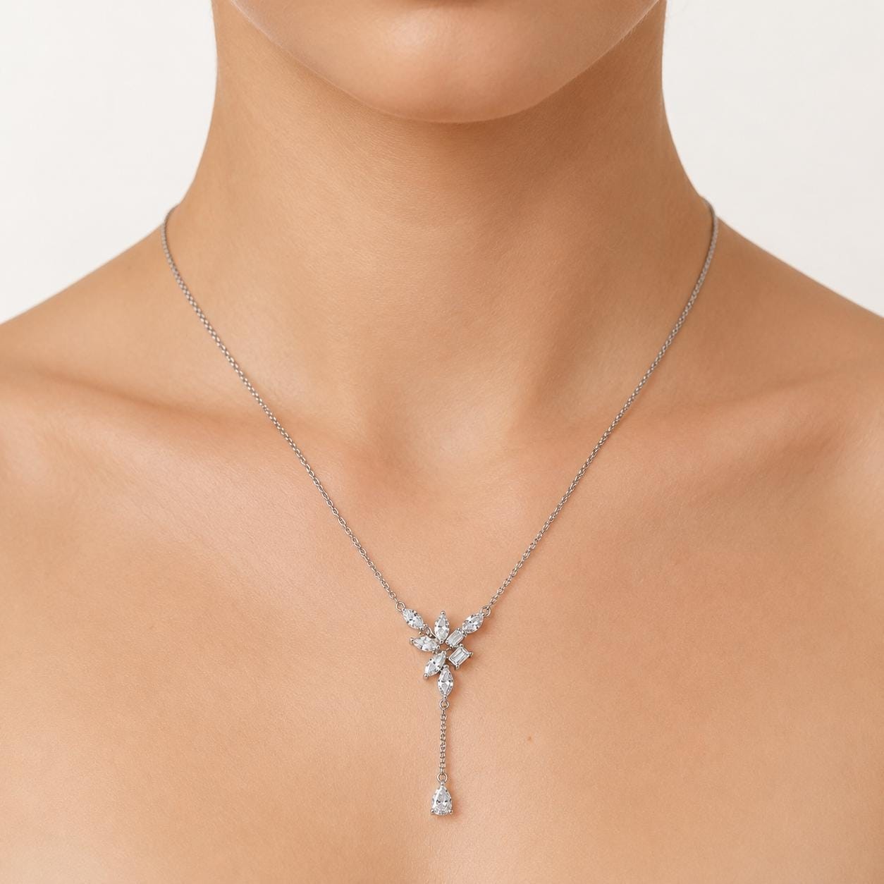 0.16 ct Natural Baguette Y Necklace 14K Gold 14K Solid Gold Floral Cluster