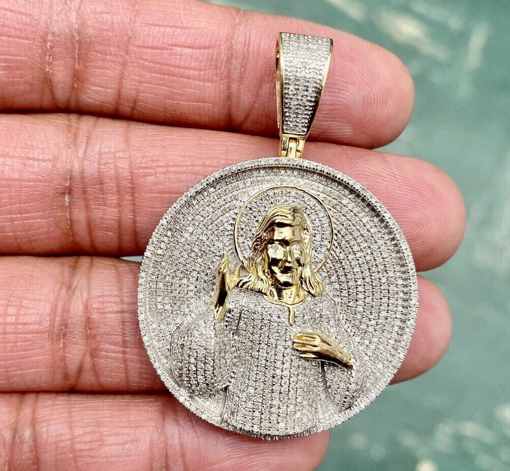 1.80Ct Round Real Moissanite Jesus Head Face Pendant 14K Yellow Gold Plated