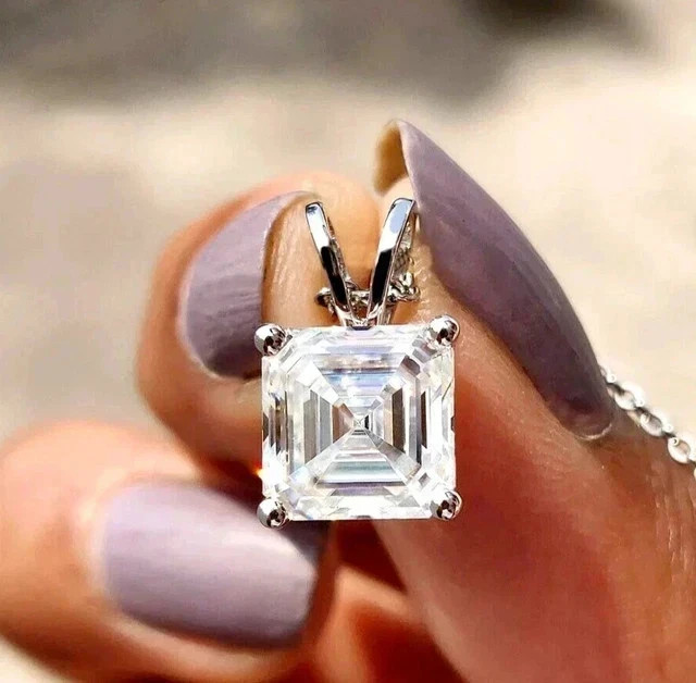 4 CTW Asscher Cut Real Moissanite Pendant 14K White Gold Plated 18 Inch Chain