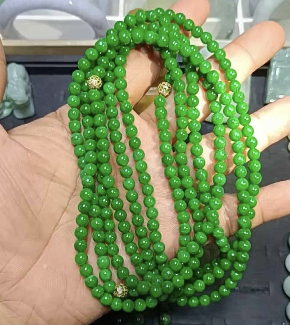 Certified Rare Natural Bright Green Burmese Maw Sit Sit Beaded Necklace 25060446