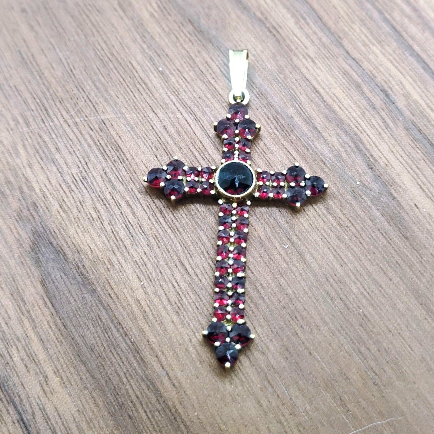 Vintage Bohemian Garnet Cross Pendant 14k Gold over 925 Sterling Silver 2″ Long