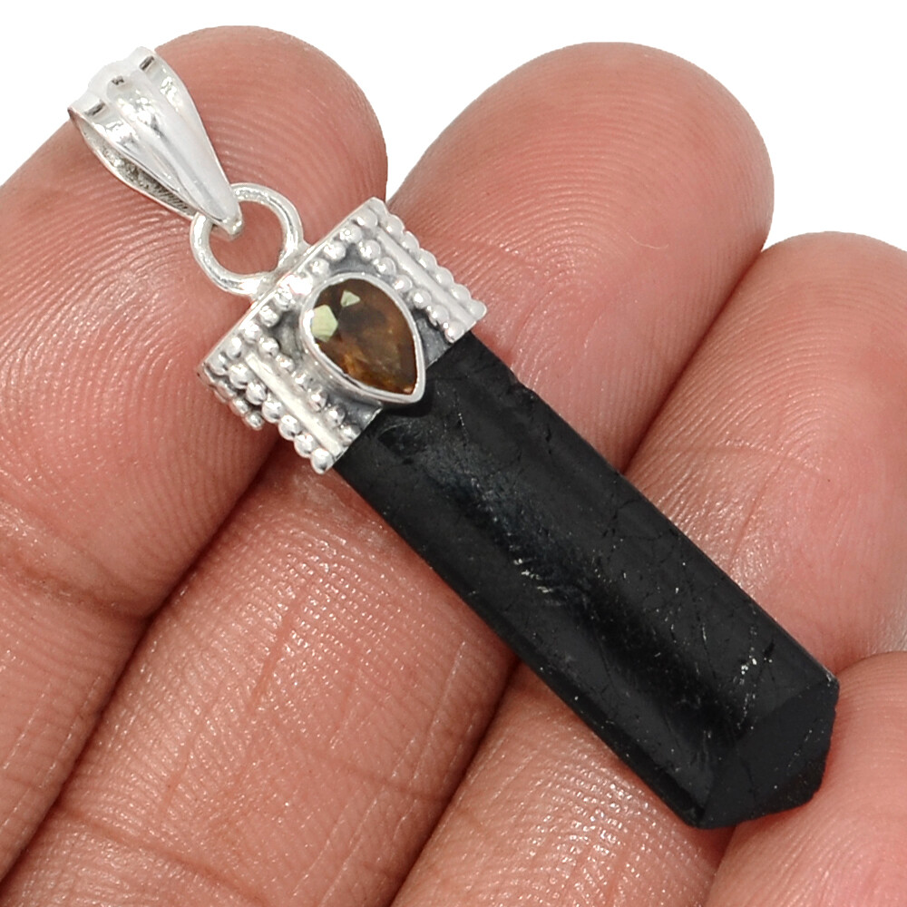 Natural Black Tourmaline Point & Smoky Topaz 925 Silver Pendant Point CP64193